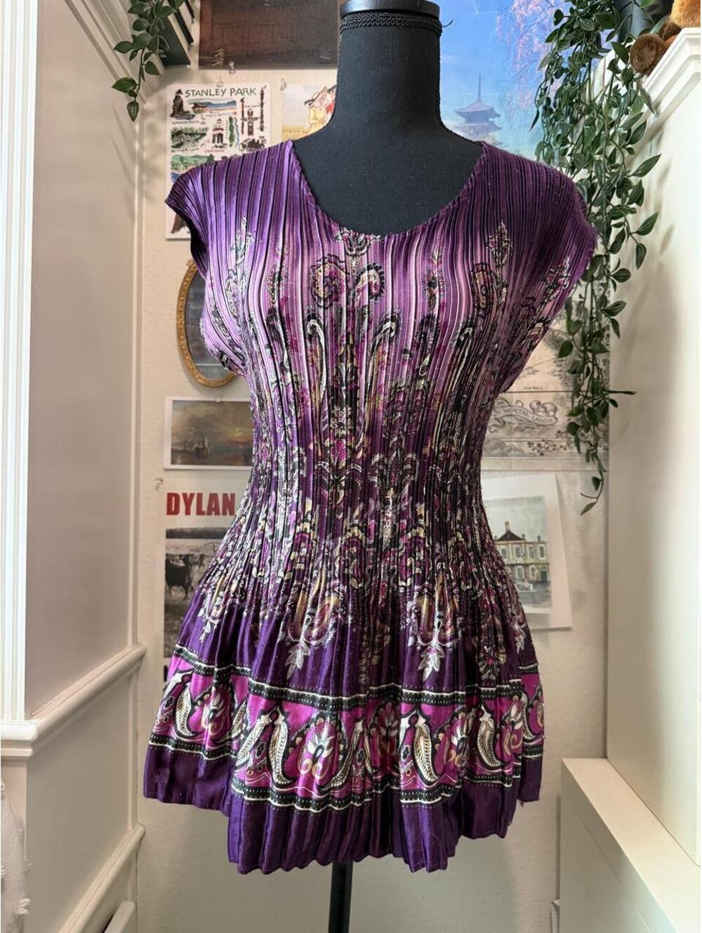 Purple Accordion Pleated Paisley Tunic Top